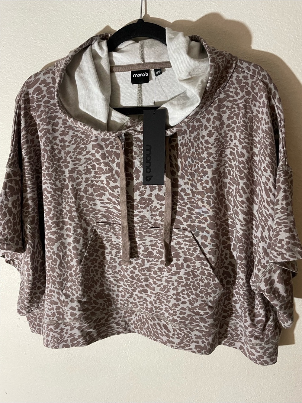 Mono B Brown Taupe Leopard Print Short Sleeve Crop Hoodie